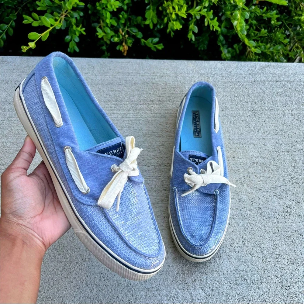 Sperry Bahama Blue Jersey Sequin Boat Shoes Women’s 10M